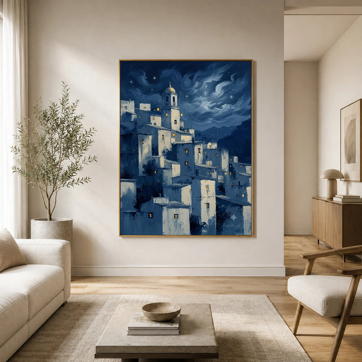 Moonlit Village Whispers - sunlit living room - textured impasto artwork