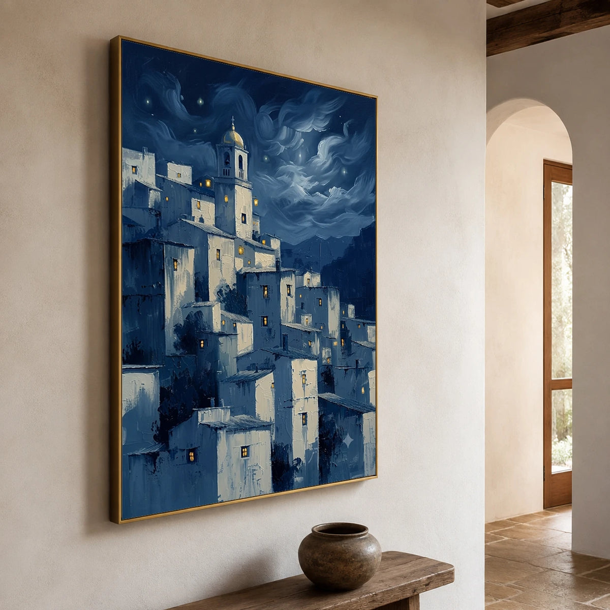 Moonlit Village Whispers - opposite side view - textured impasto artwork