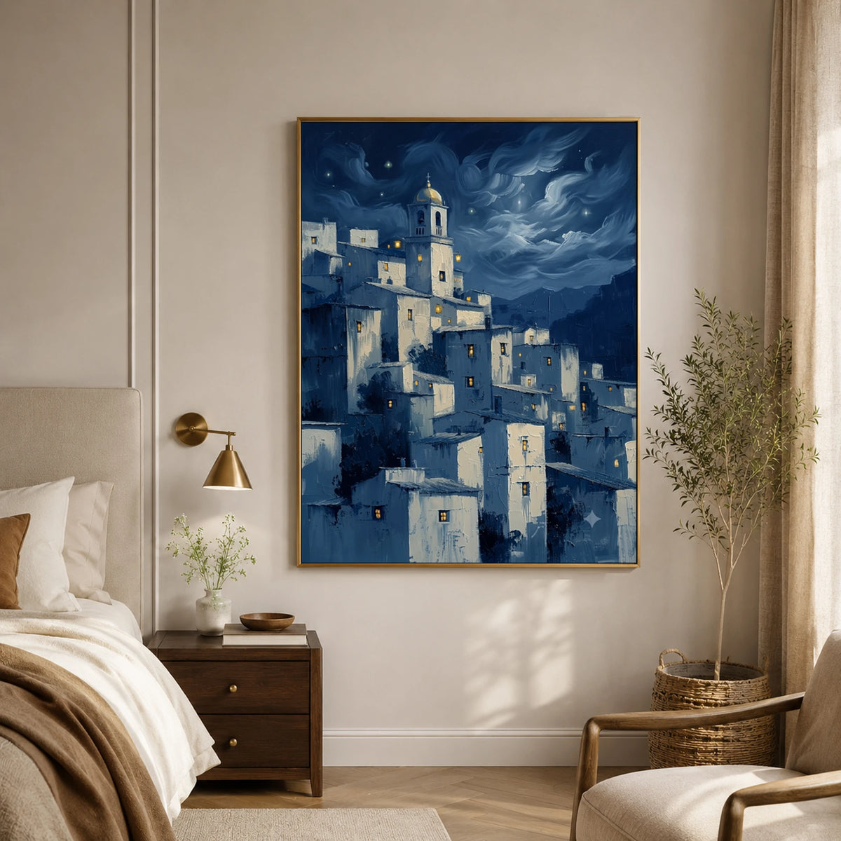 Moonlit Village Whispers - bedroom - textured impasto artwork