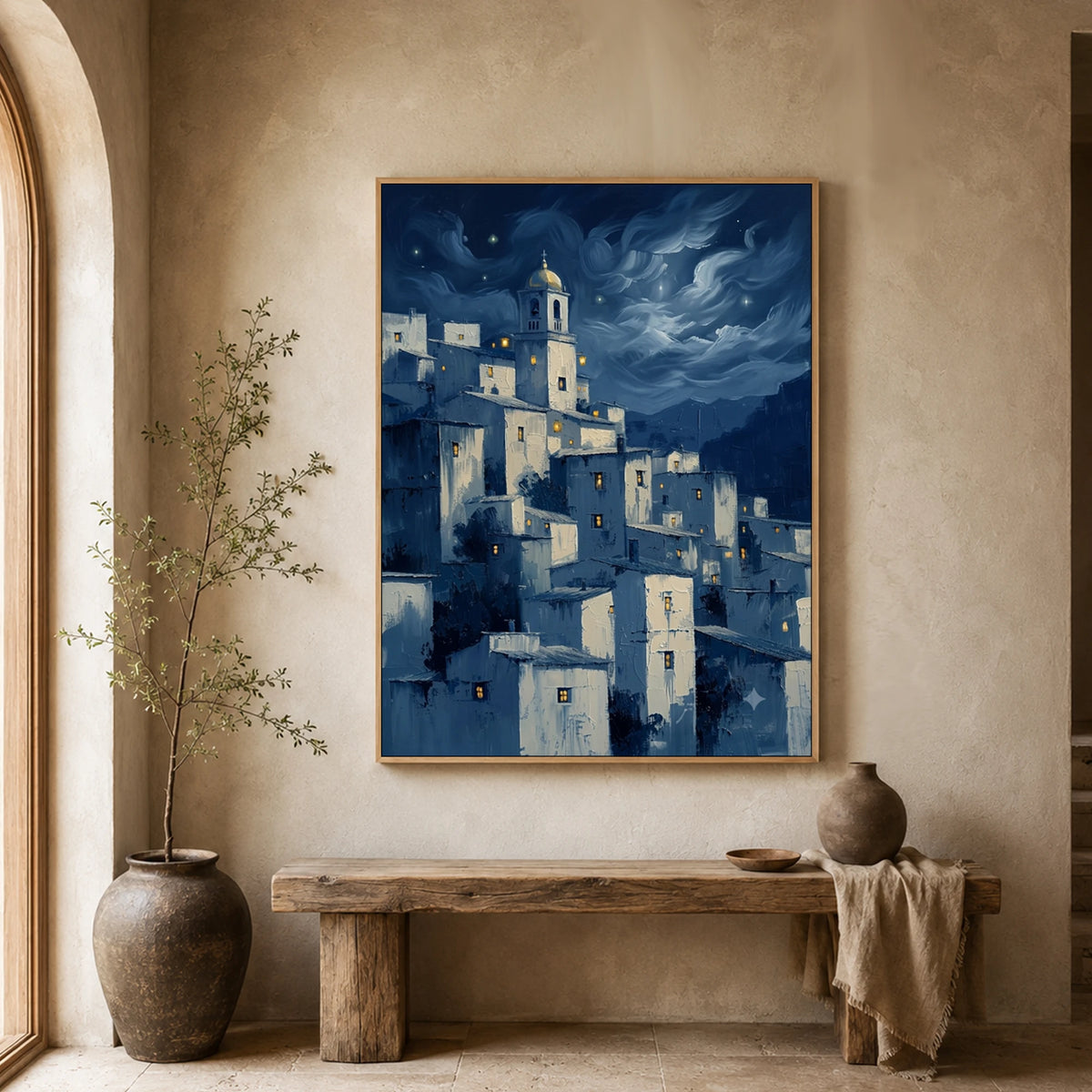 Moonlit Village Whispers - entryway - textured impasto artwork