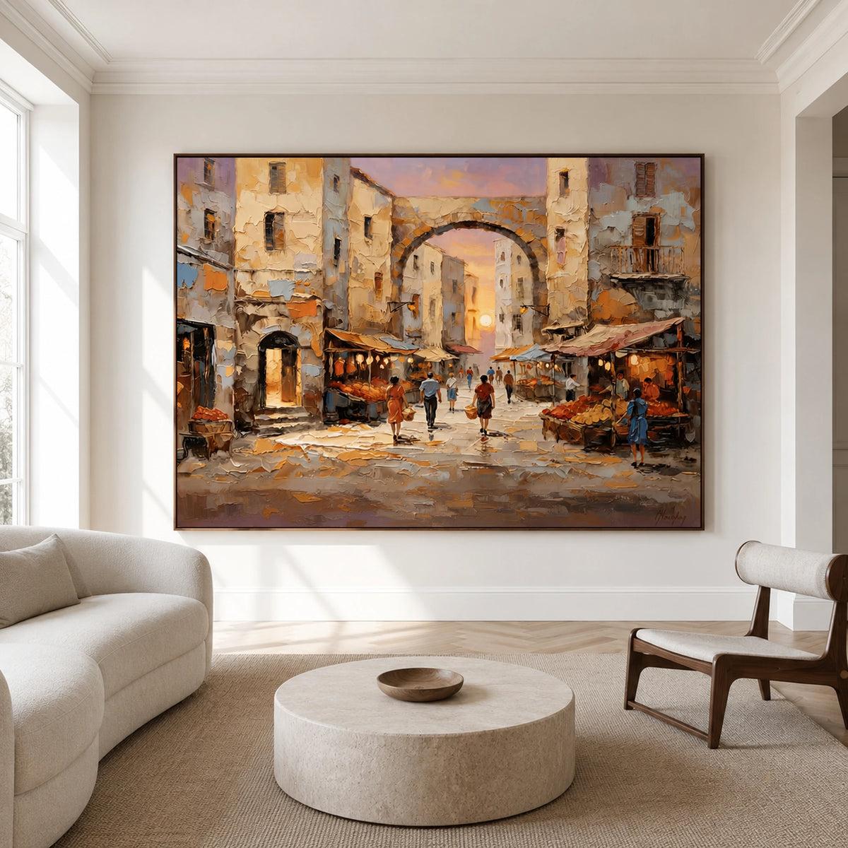 Old Town Embrace - living room hero - textured impasto artwork