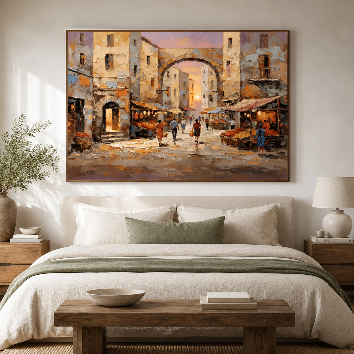 Old Town Embrace - bedroom - textured impasto artwork