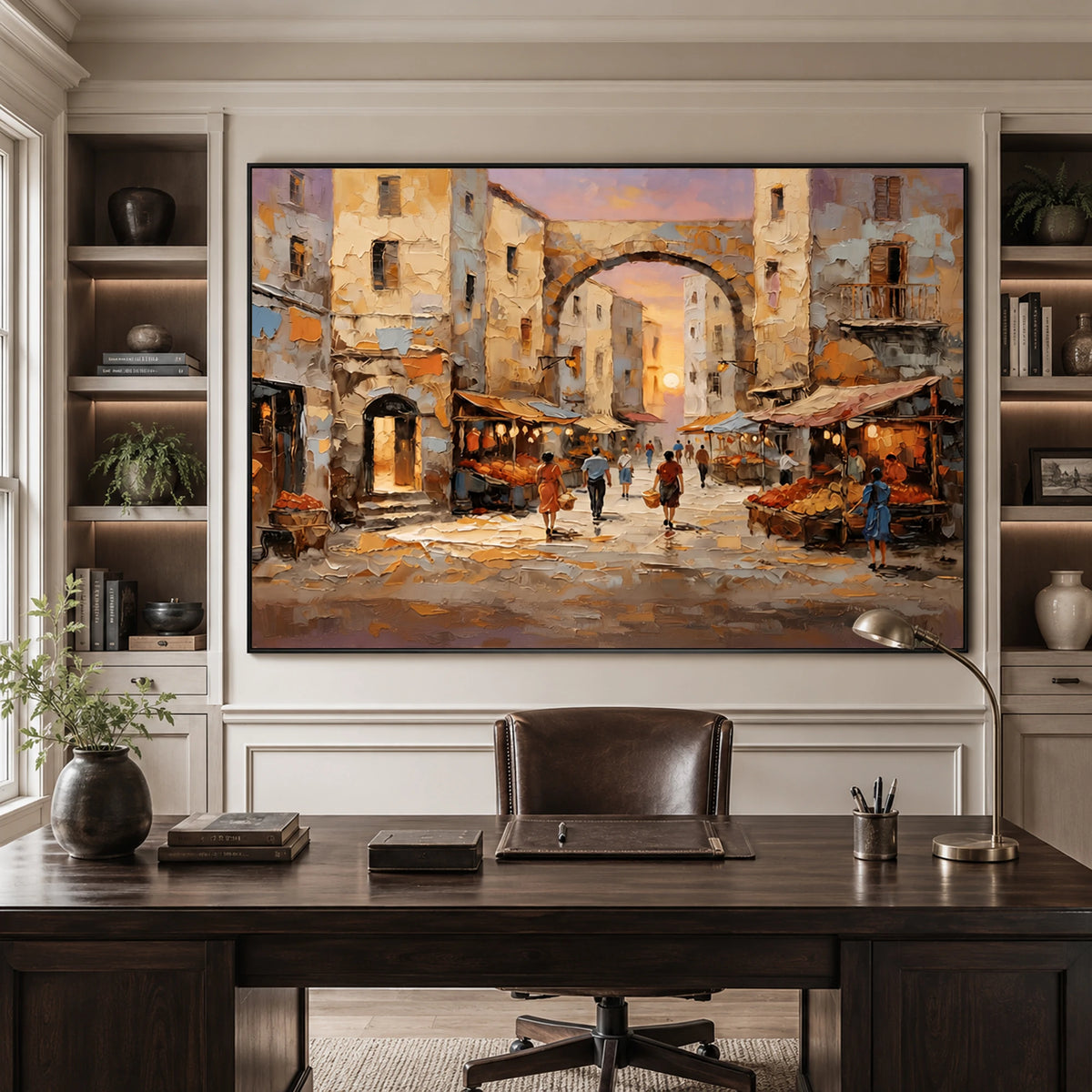 Old Town Embrace - home office - textured impasto artwork