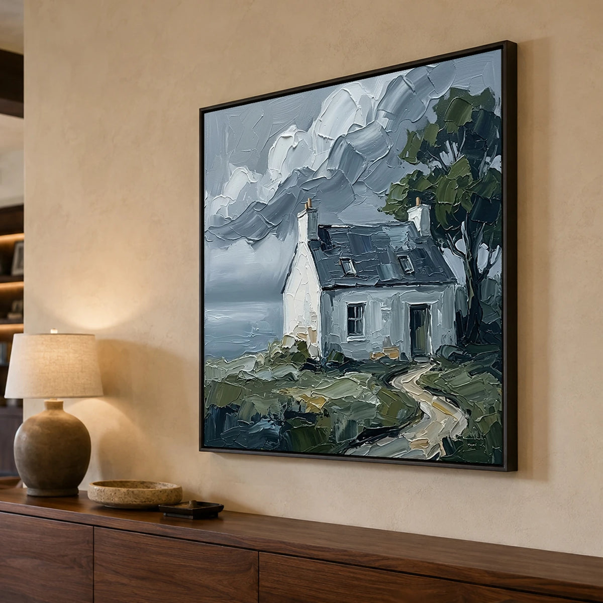 Quiet Tide Cottage - oblique side view - textured impasto artwork