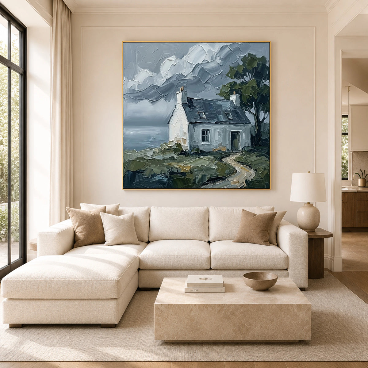 Quiet Tide Cottage - sunlit living room - textured impasto artwork