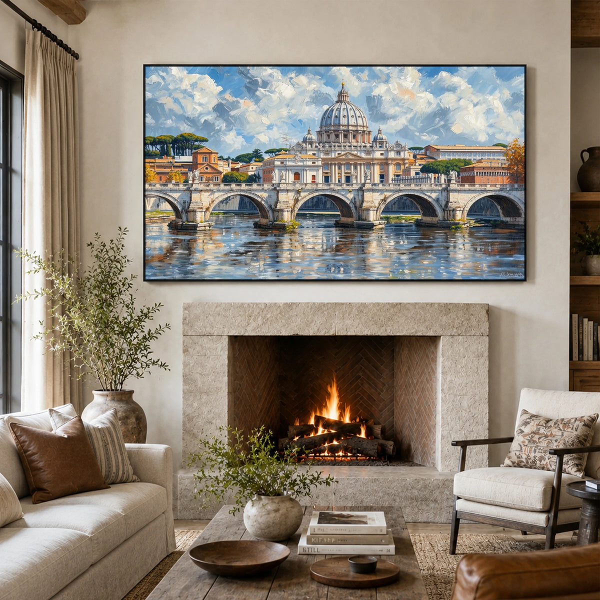 Rome in Reflection - fireplace lounge - textured impasto artwork