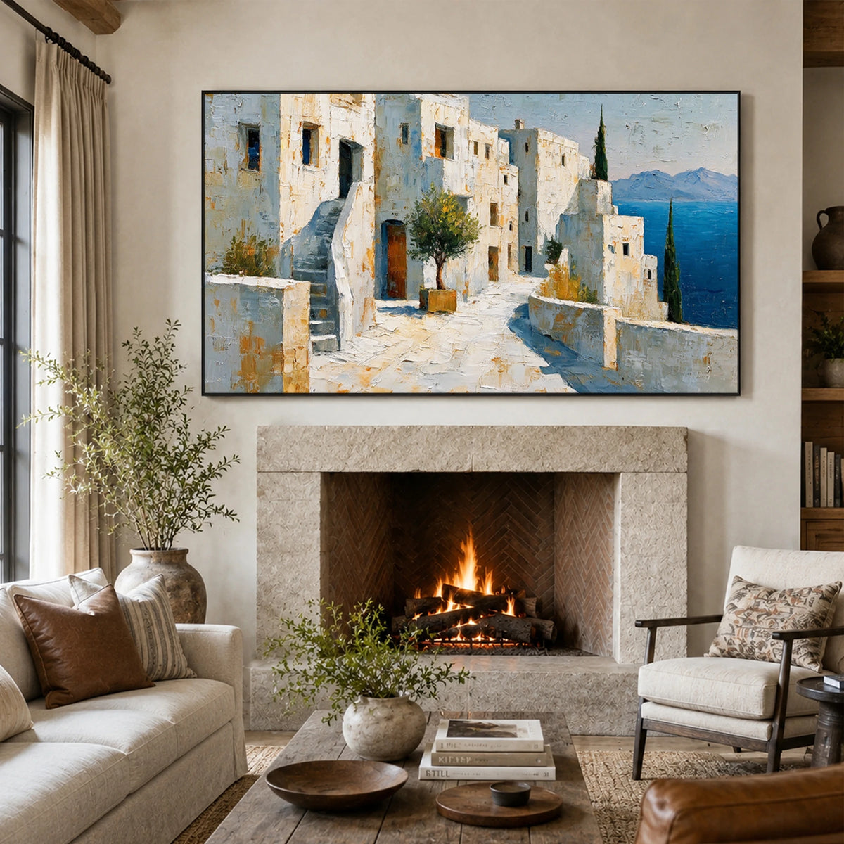 Sea Beyond Stone - fireplace lounge - textured impasto artwork