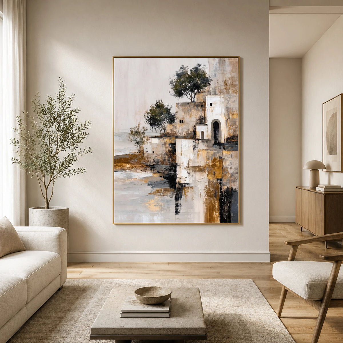Stillwater Village - sunlit living room - textured impasto artwork