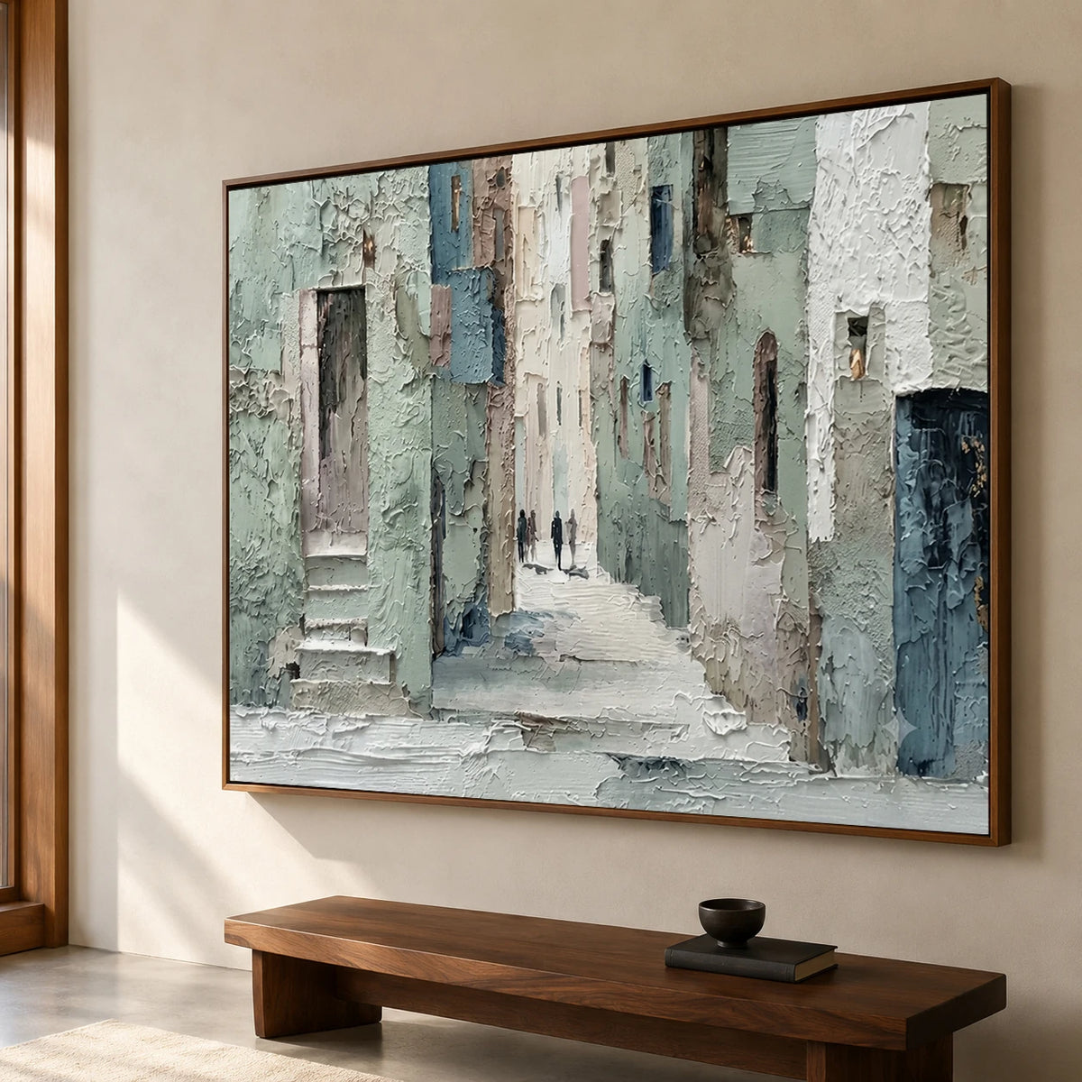 Stonewashed Stillness - oblique side view - textured impasto artwork