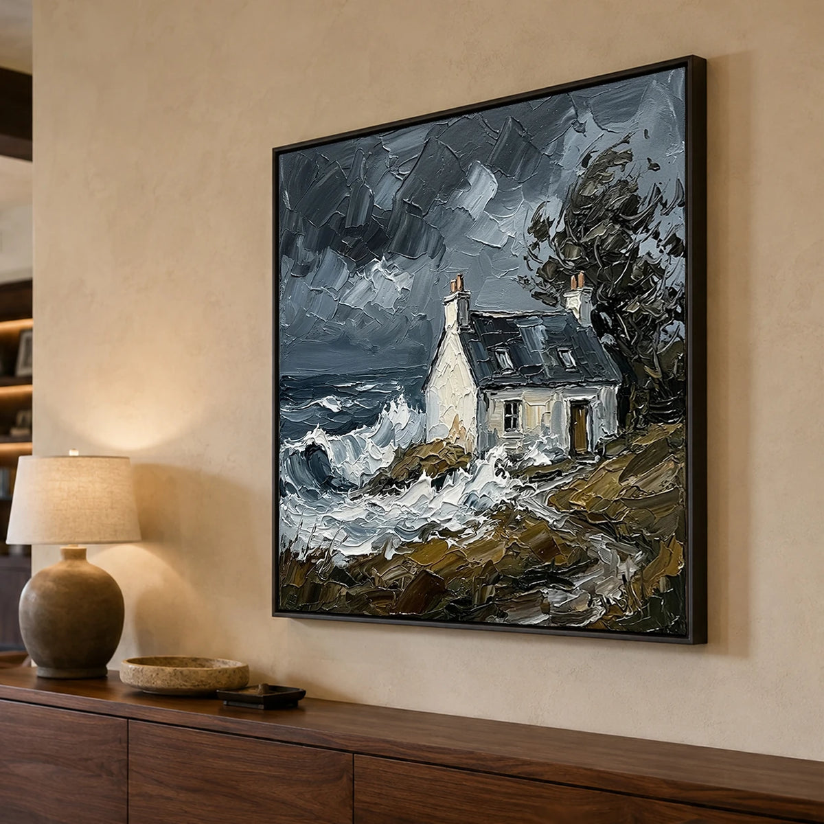 Stormbound Sanctuary - oblique side view - textured impasto artwork