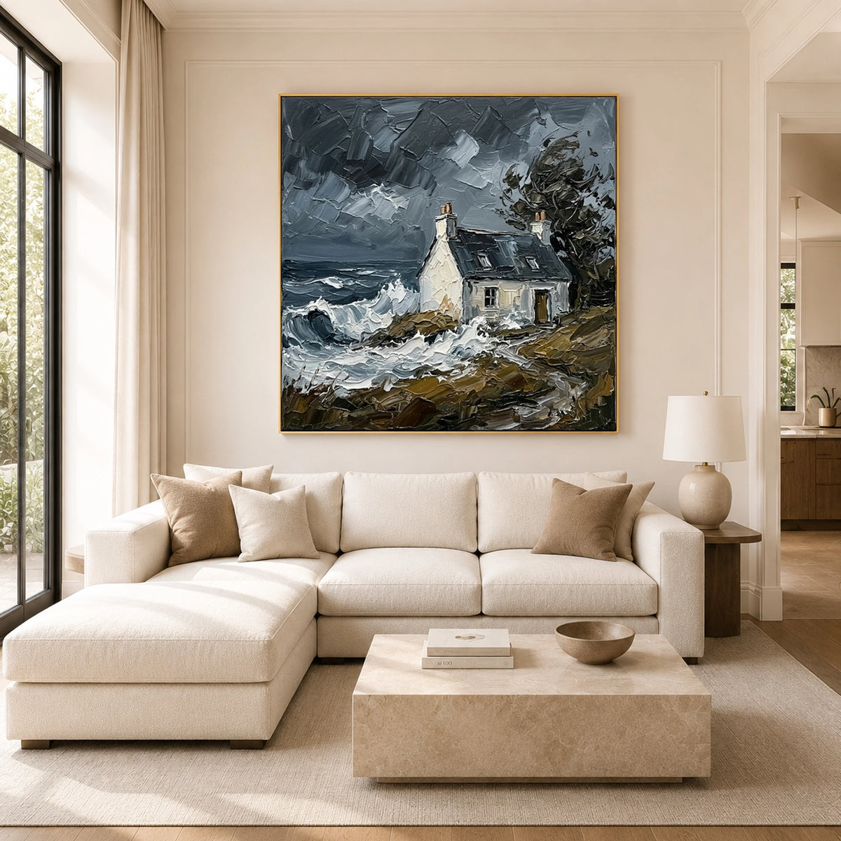 Stormbound Sanctuary - sunlit living room - textured impasto artwork