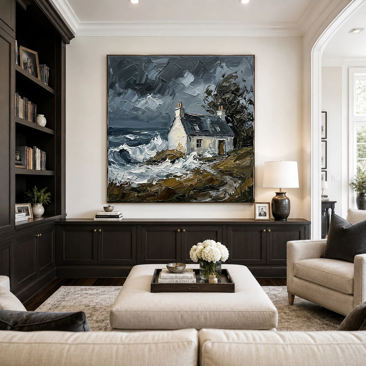 Stormbound Sanctuary - library lounge - textured impasto artwork