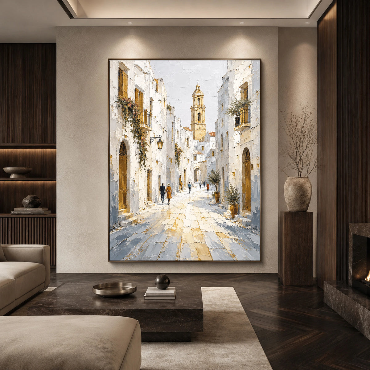 Sunlit Clocktower Lane - living room hero - textured impasto artwork