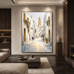 Sunlit Clocktower Lane - living room hero - textured impasto artwork
