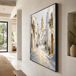 Sunlit Clocktower Lane - oblique side view - textured impasto artwork
