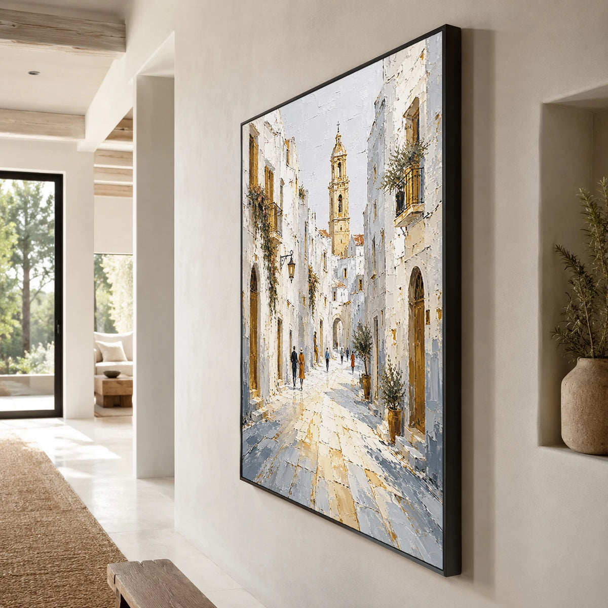 Sunlit Clocktower Lane - oblique side view - textured impasto artwork