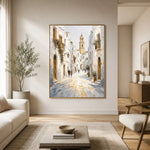 Sunlit Clocktower Lane - sunlit living room - textured impasto artwork