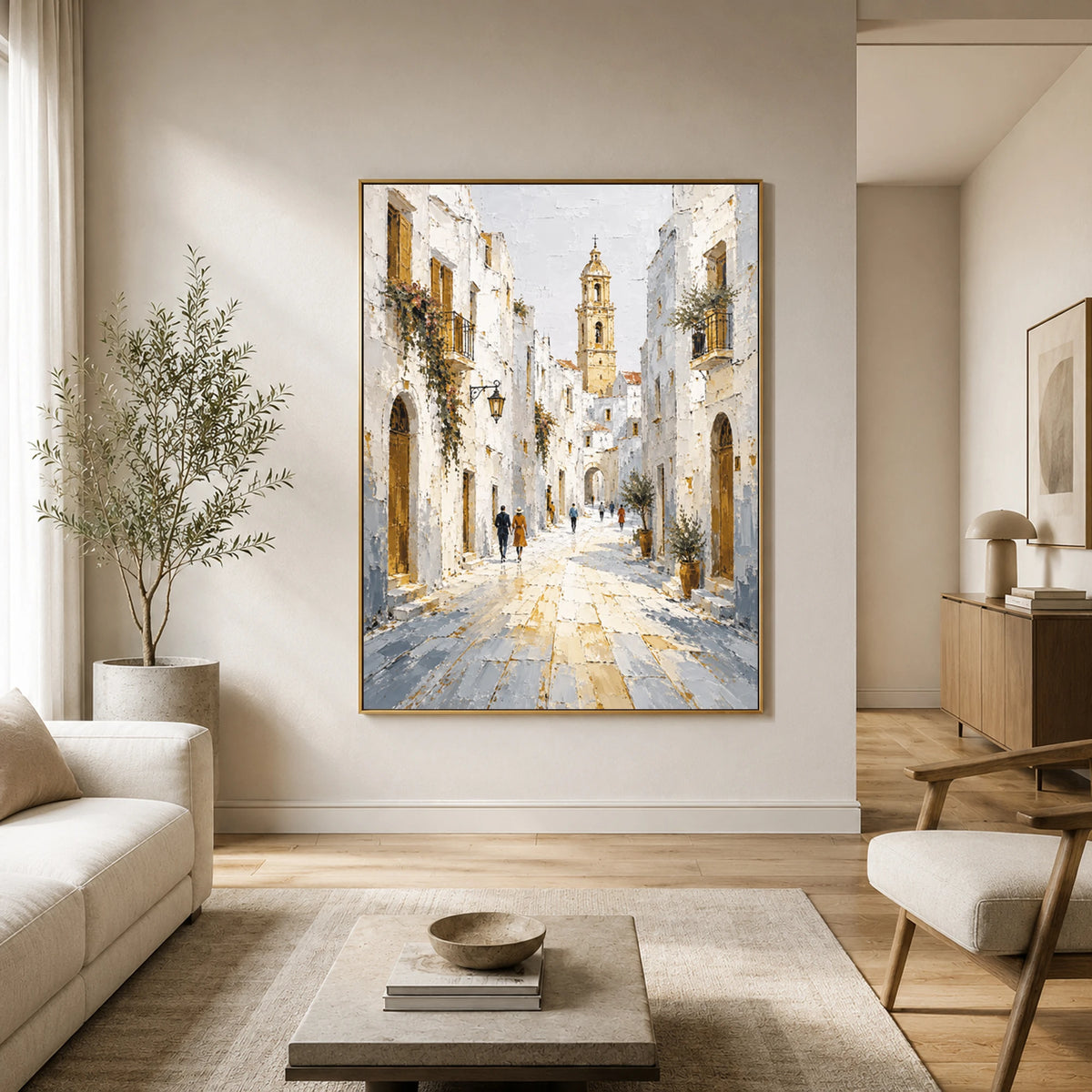 Sunlit Clocktower Lane - sunlit living room - textured impasto artwork