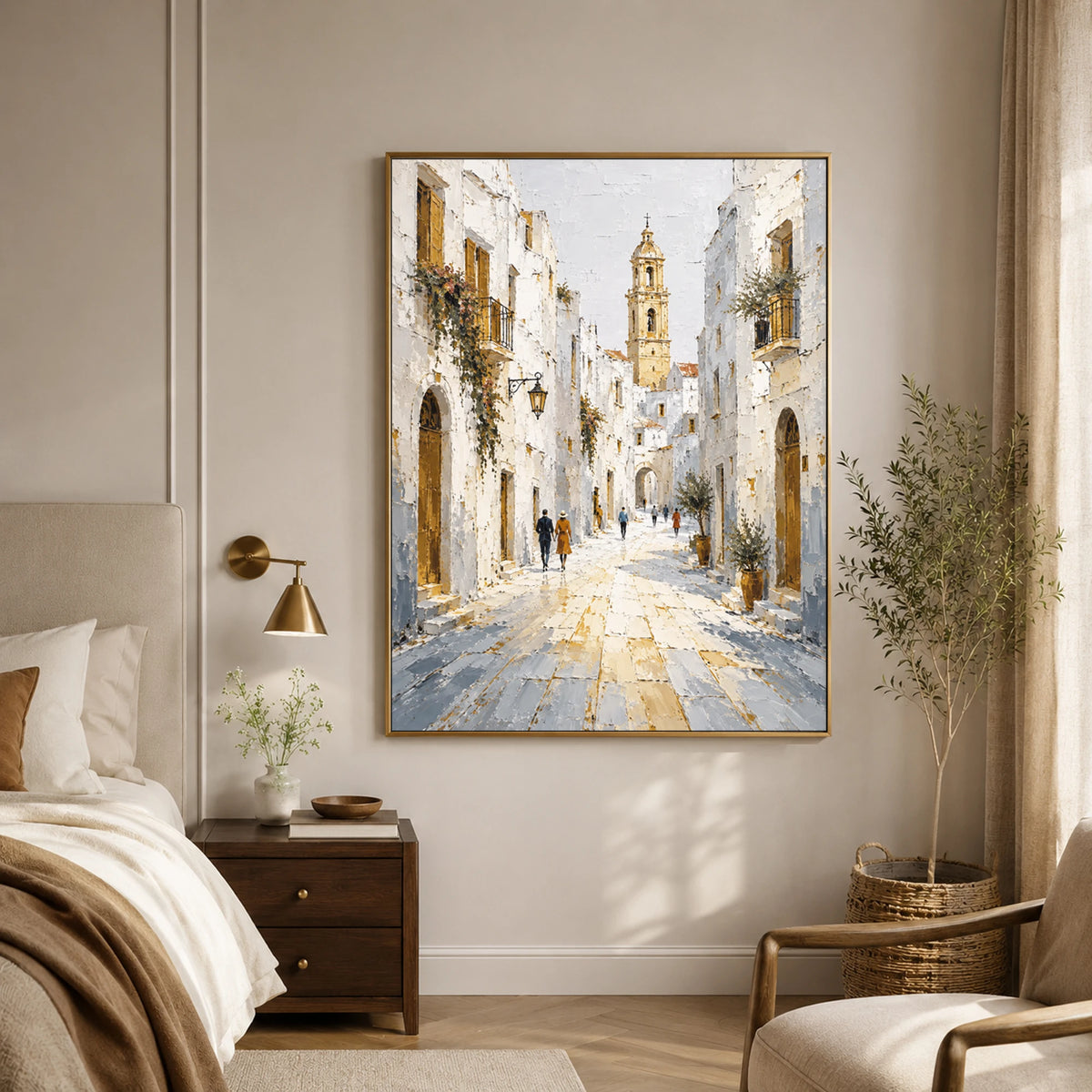 Sunlit Clocktower Lane - bedroom - textured impasto artwork