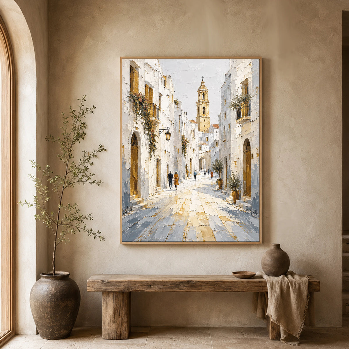 Sunlit Clocktower Lane - entryway - textured impasto artwork