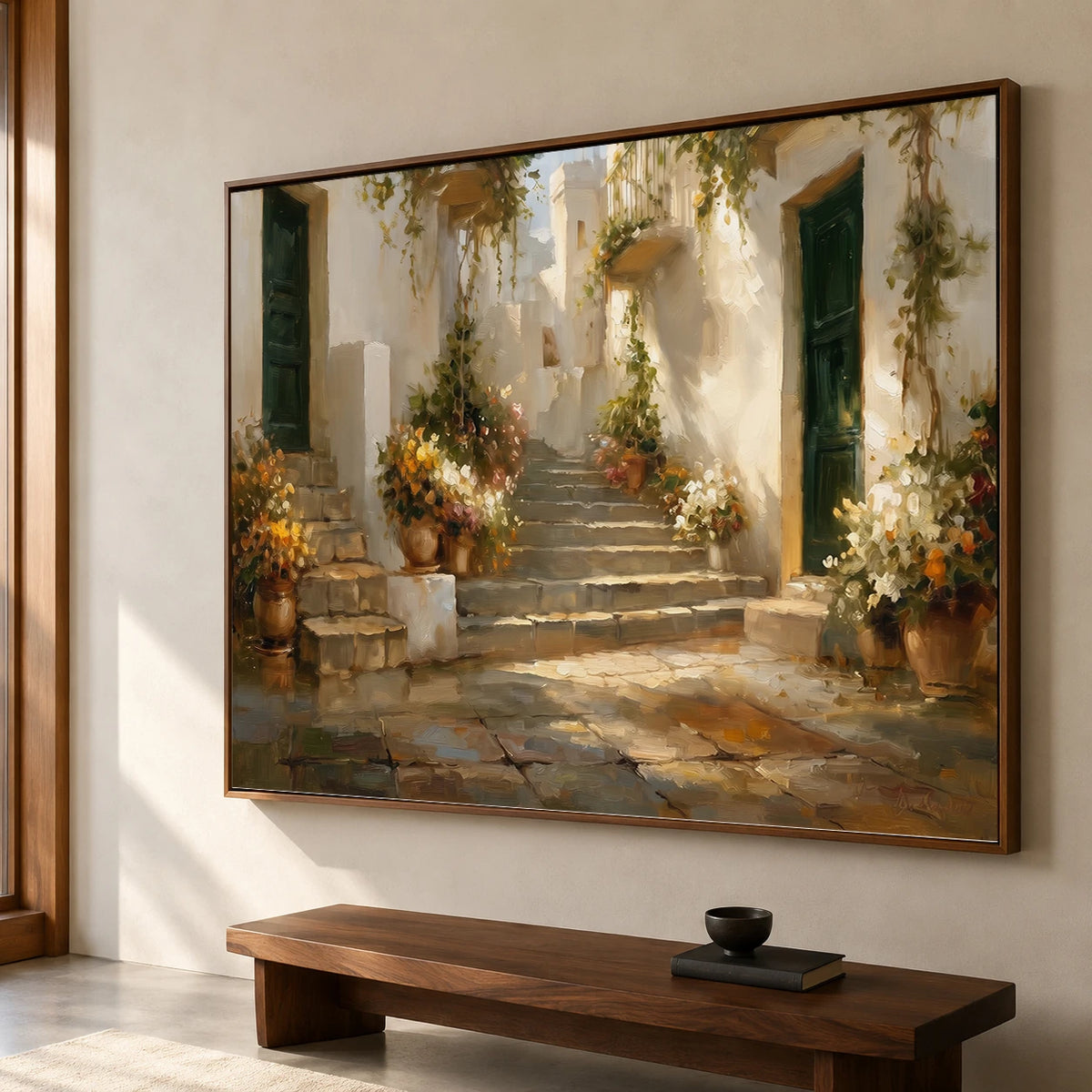 Sunlit Garden Steps - oblique side view - textured impasto artwork