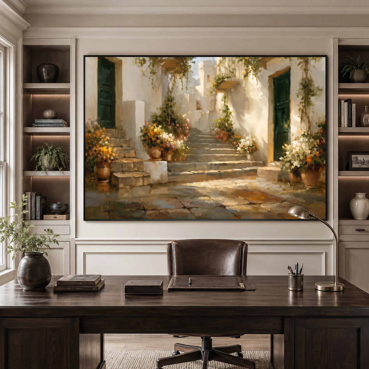 Sunlit Garden Steps - home office - textured impasto artwork
