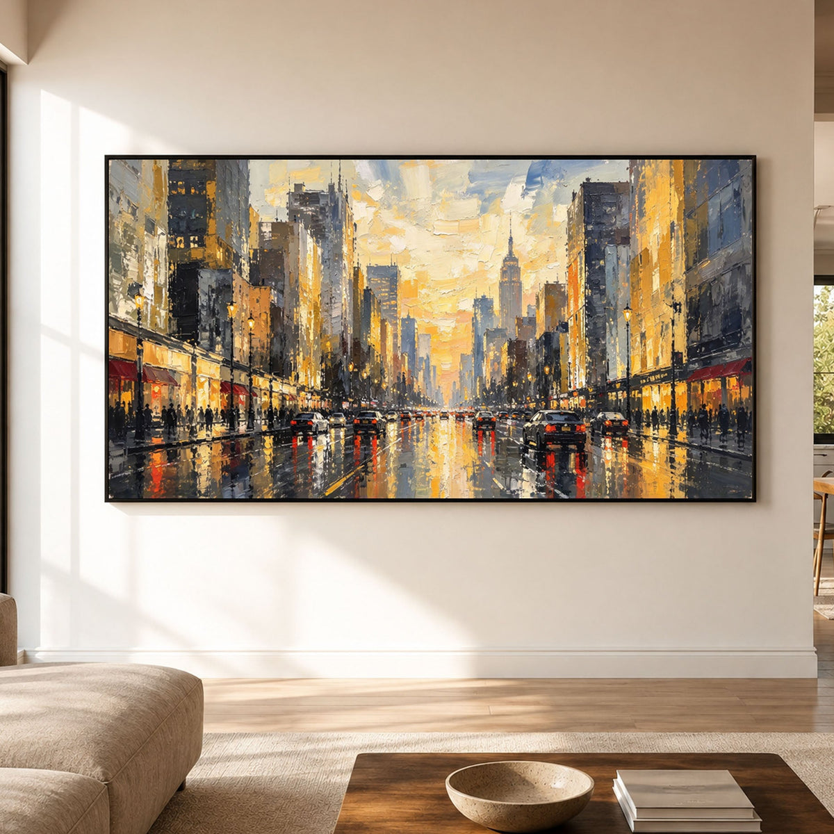 A City Waking Gold - front view hero - textured & impasto art painting