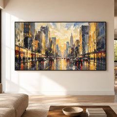 A City Waking Gold - front view hero - textured & impasto art painting