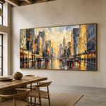 A City Waking Gold - oblique view - textured & impasto art painting