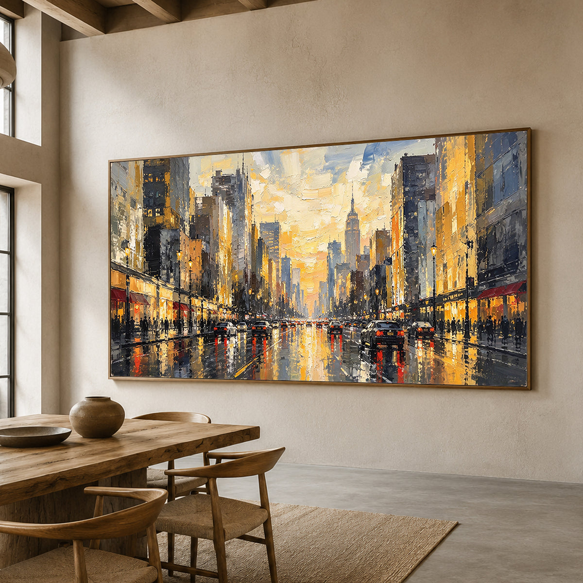 A City Waking Gold - oblique view - textured & impasto art painting