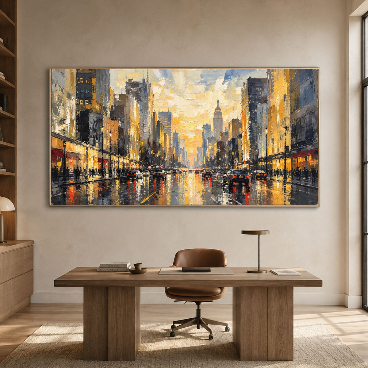 A City Waking Gold - interior setting 04 - textured & impasto art painting