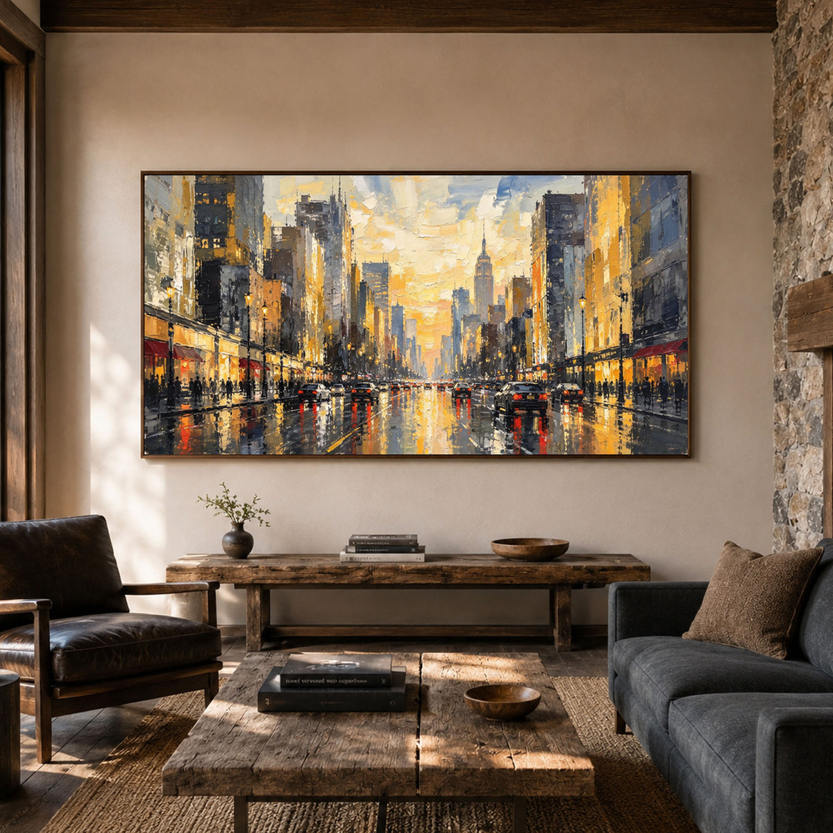 A City Waking Gold - interior setting 05 - textured & impasto art painting