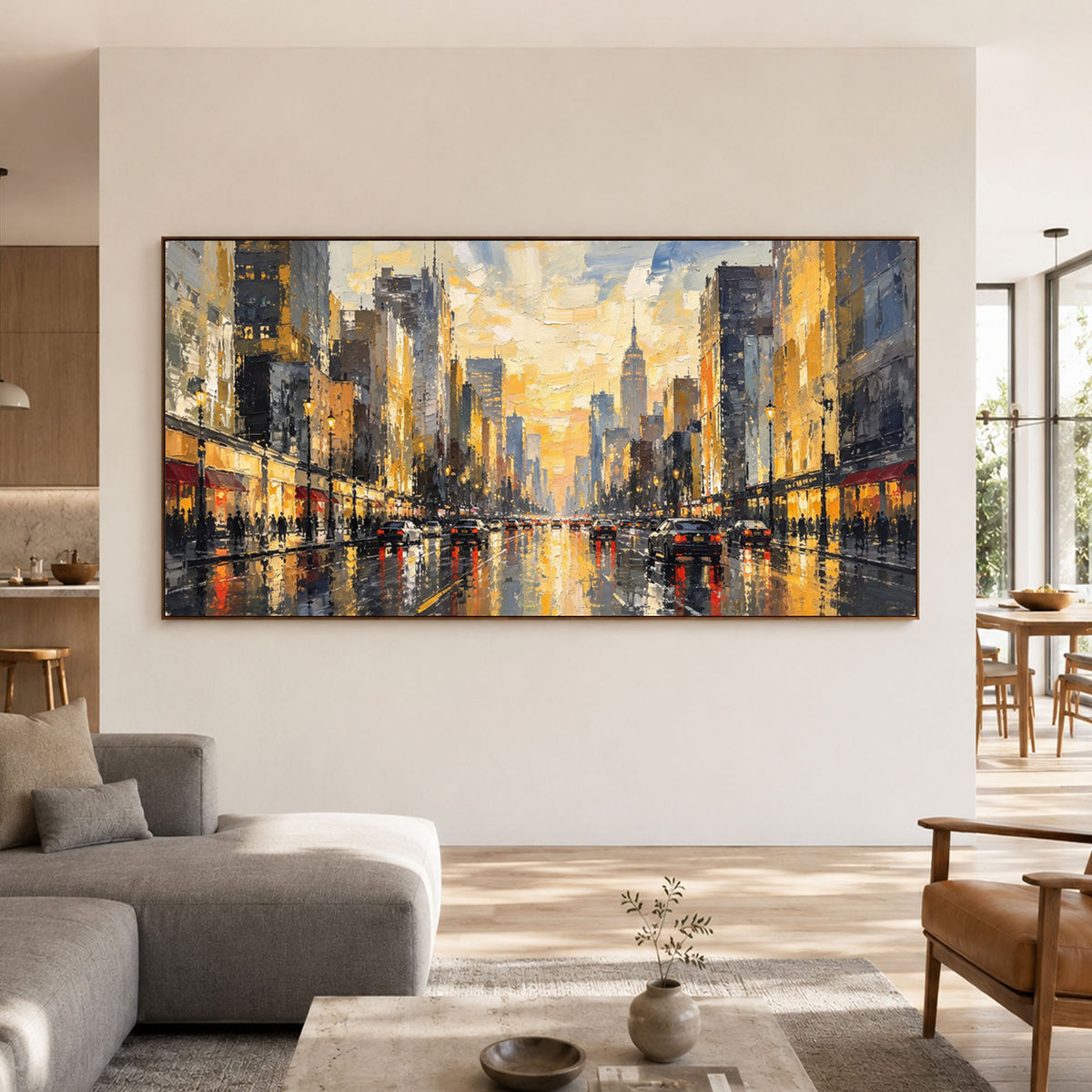 A City Waking Gold - interior setting 06 - textured & impasto art painting