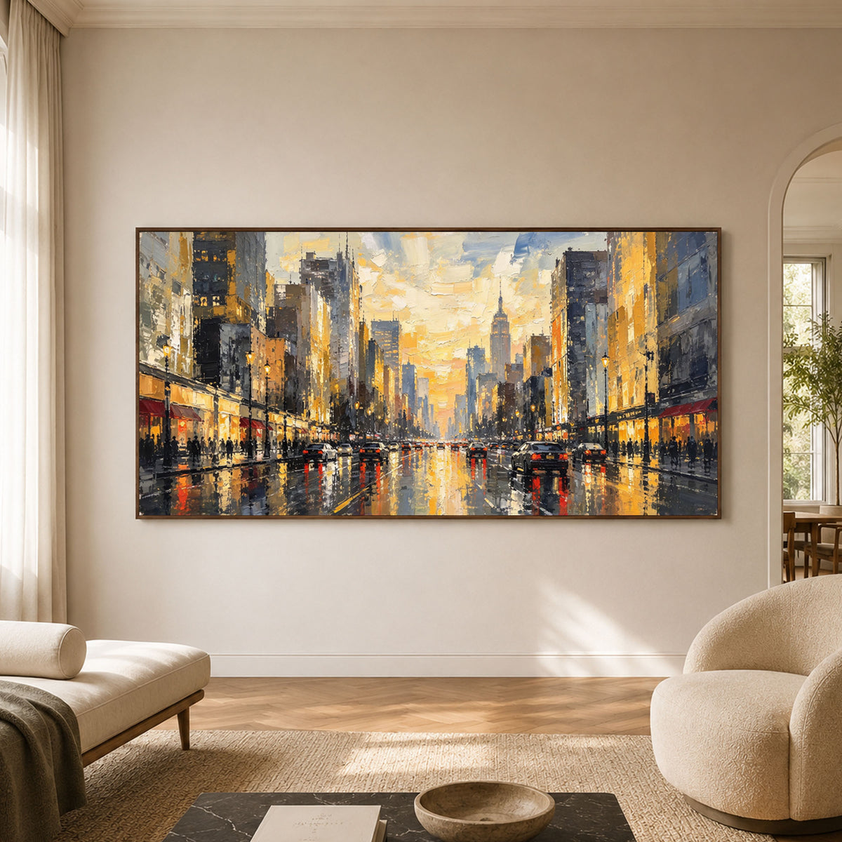 A City Waking Gold - interior setting 07 - textured & impasto art painting