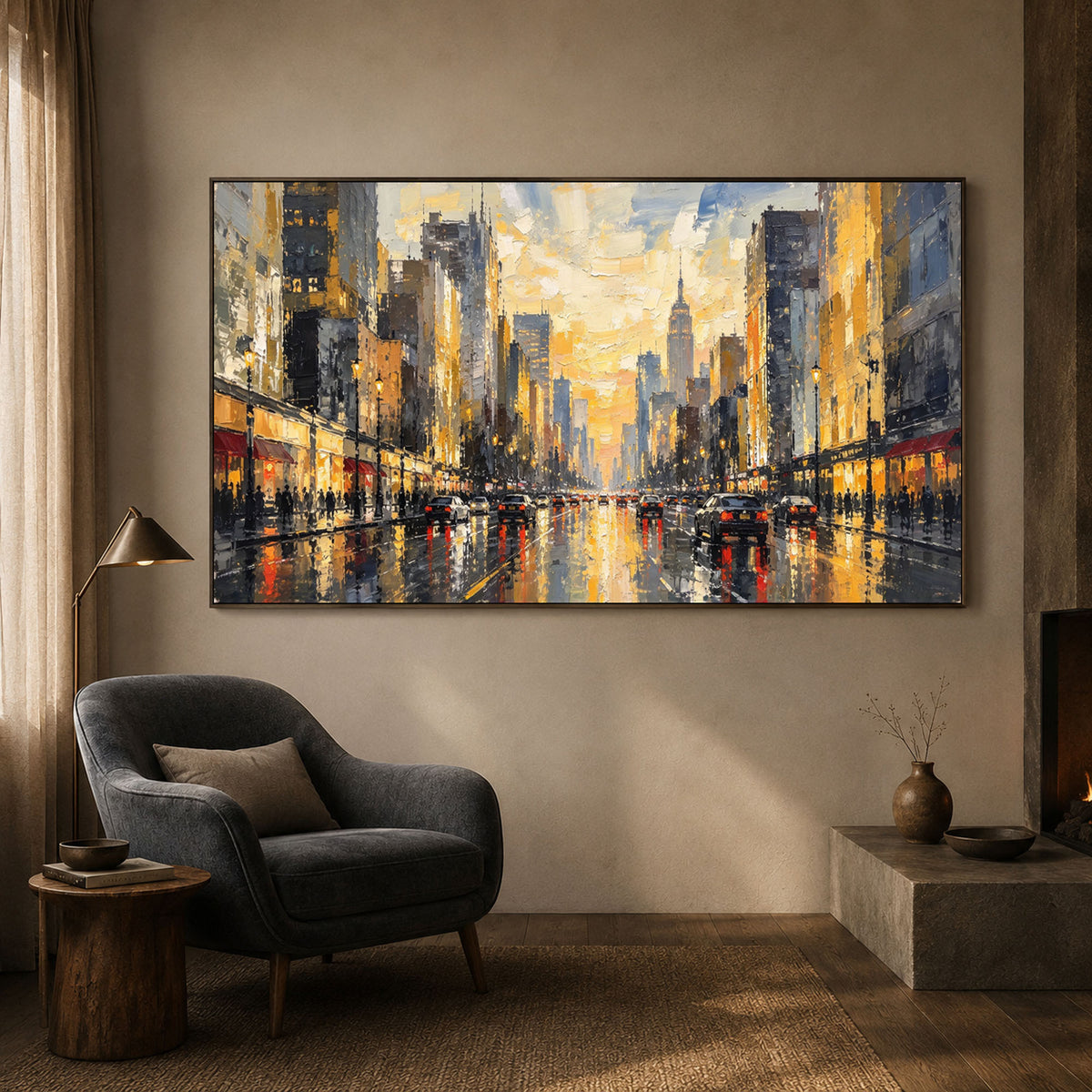 A City Waking Gold - interior setting 08 - textured & impasto art painting