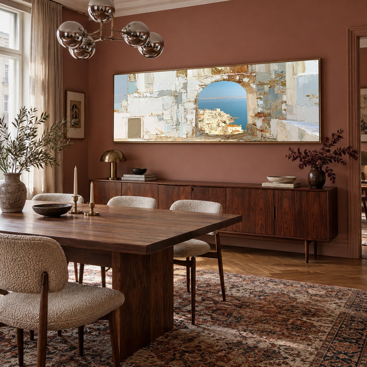 Beyond the Arch - warm dining room - textured & impasto art painting