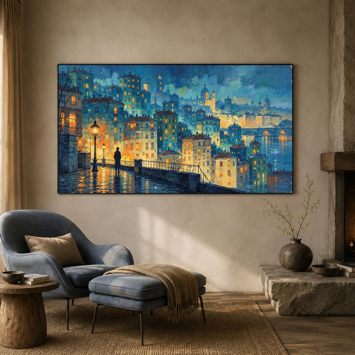 Blue Hours Golden Windows - front view hero - textured & impasto art painting