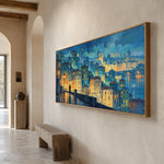 Blue Hours Golden Windows - oblique view - textured & impasto art painting