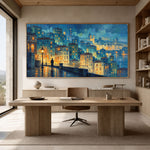 Blue Hours Golden Windows - interior setting 04 - textured & impasto art painting