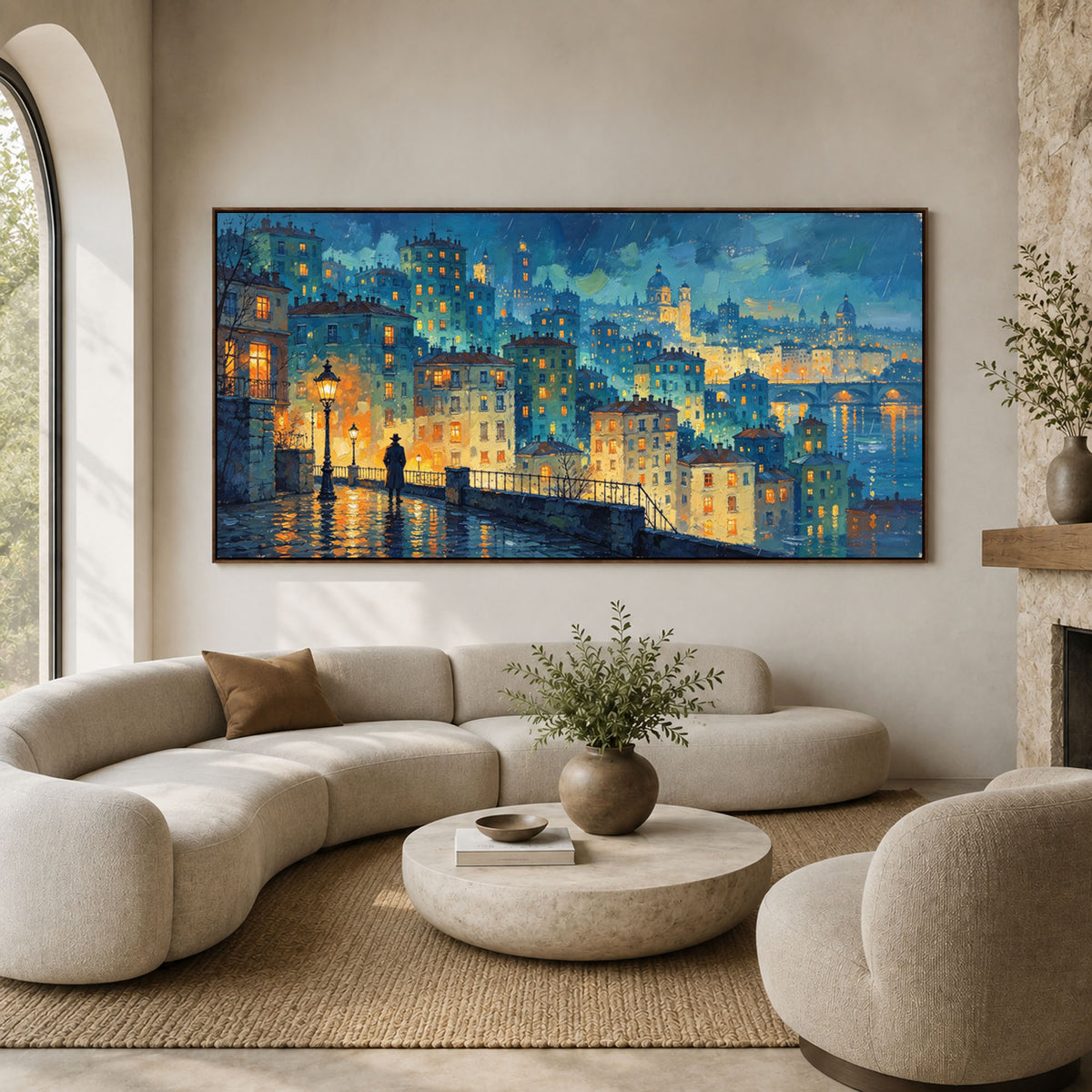 Blue Hours Golden Windows - interior setting 06 - textured & impasto art painting