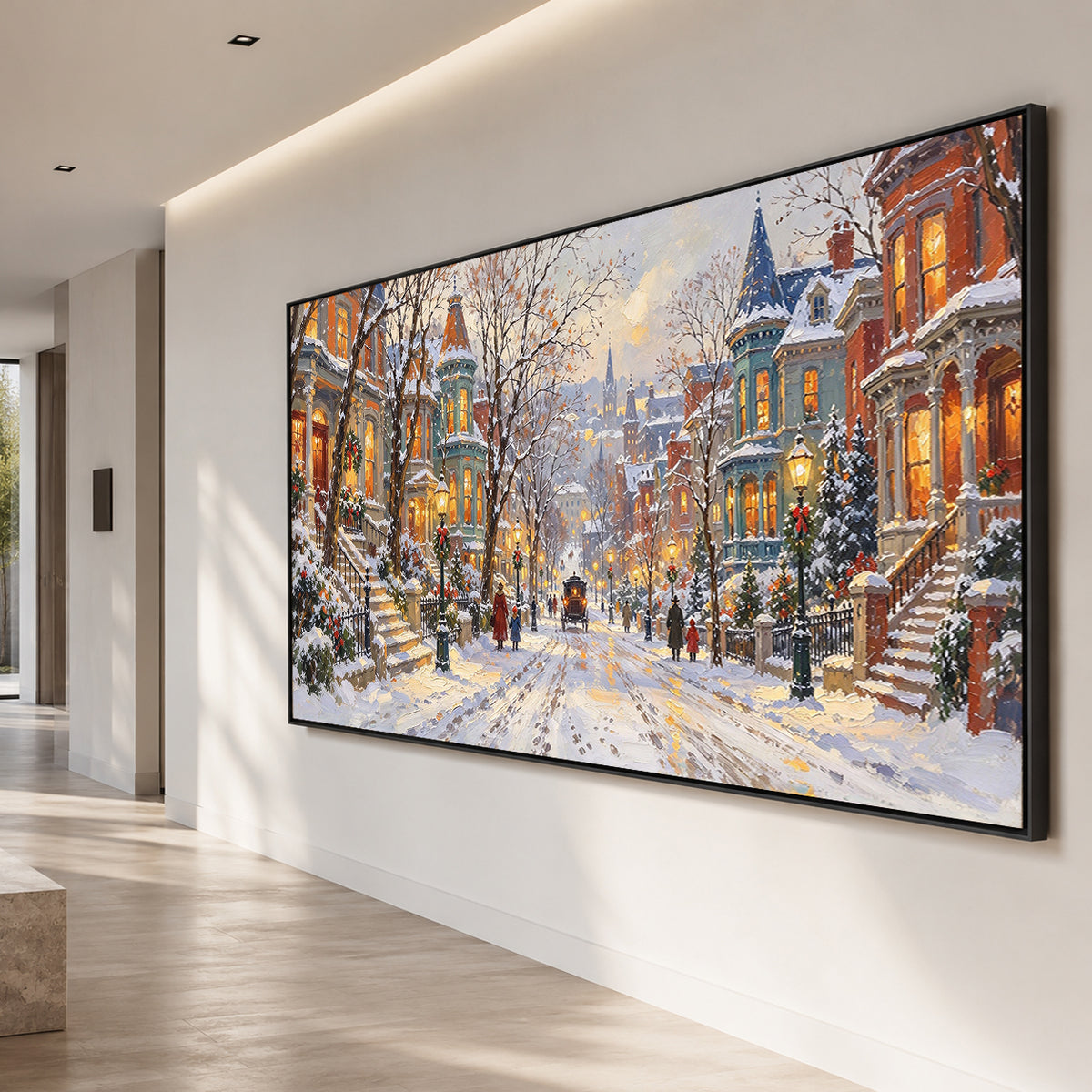 Snowfall Along Familiar Streets - oblique view - textured & impasto art painting