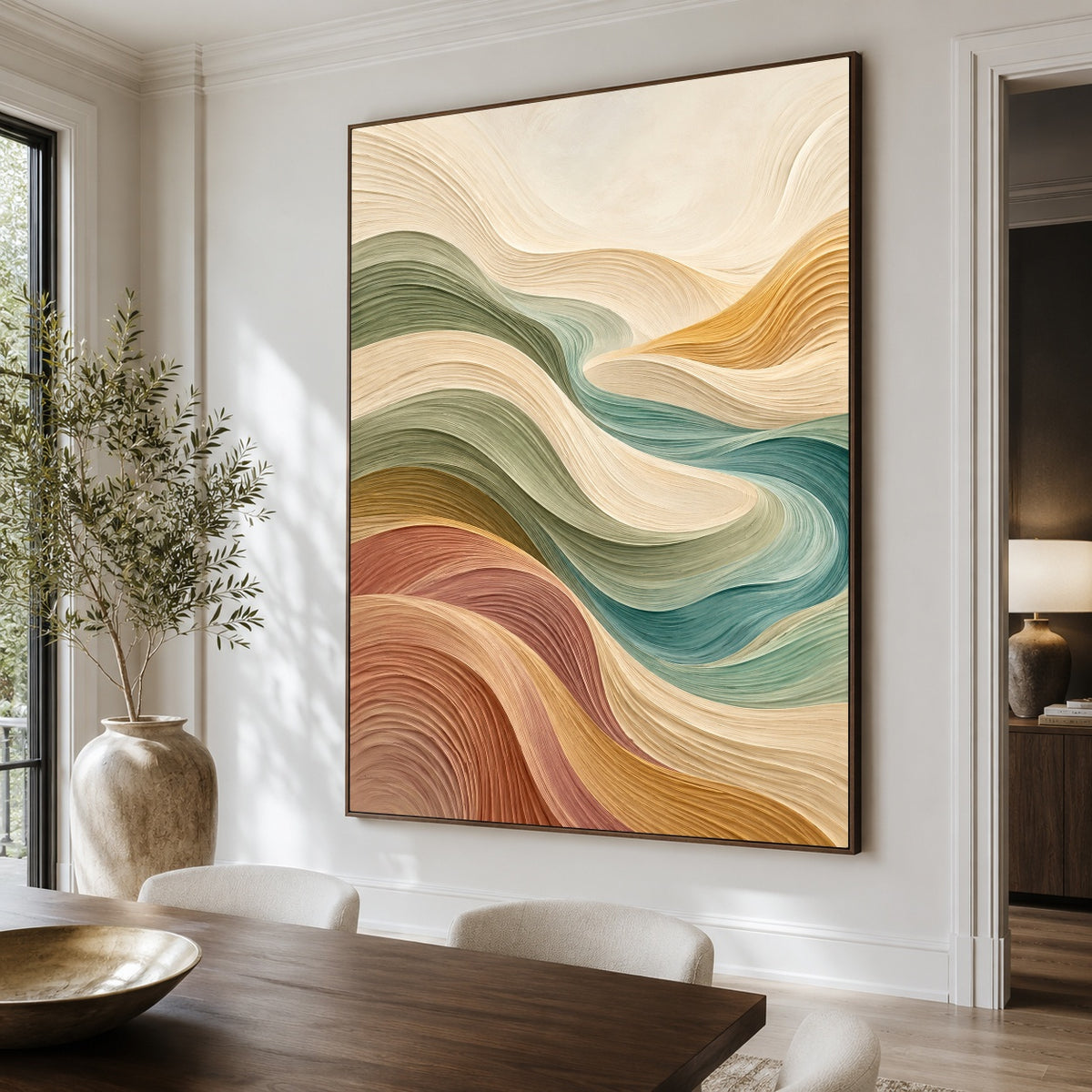 Soft Earth Currents - dining room close - textured & impasto art painting