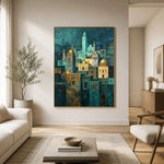 Turquoise Nightfall - sunlit living room - textured impasto artwork