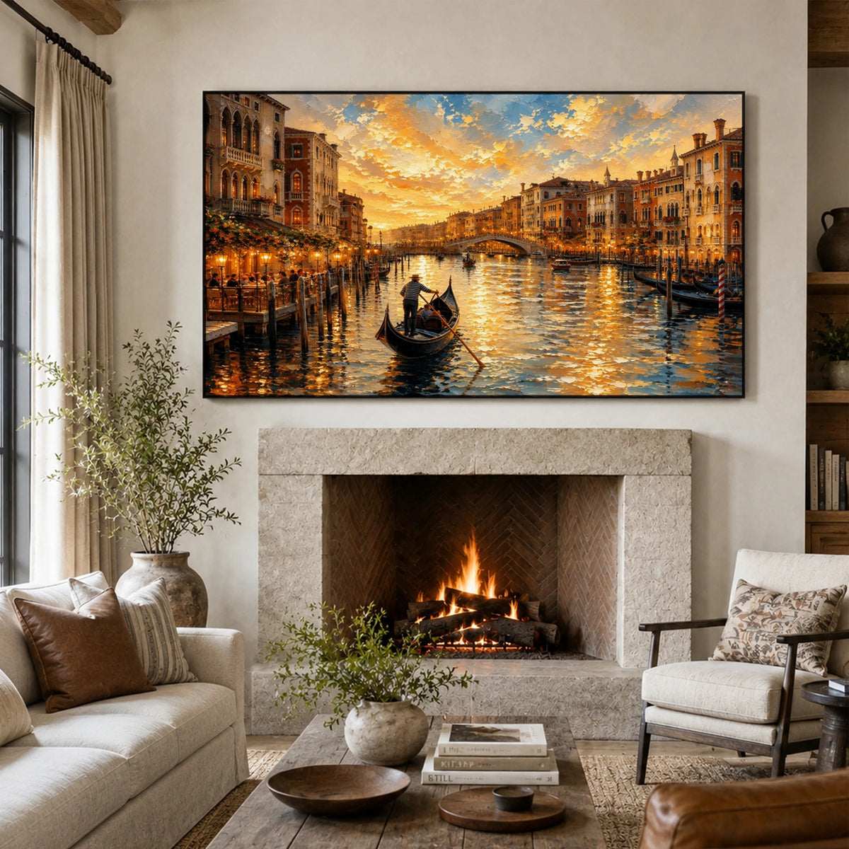 Venice at Dusk - fireplace lounge - textured impasto artwork