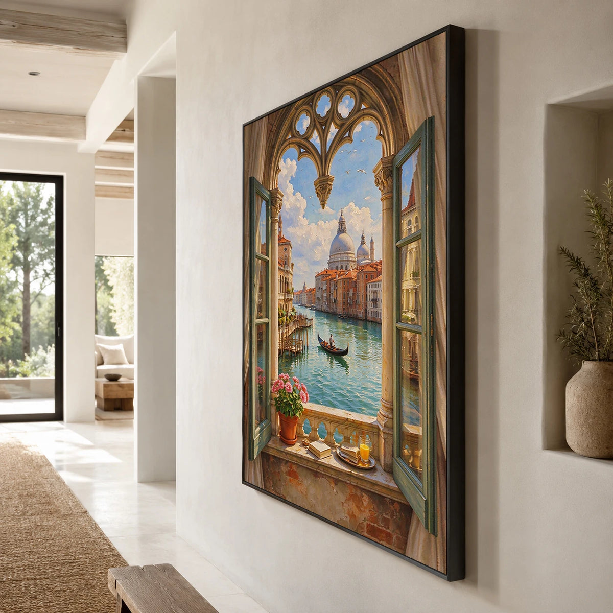 Venice Through Open Shutters - oblique side view - textured impasto artwork