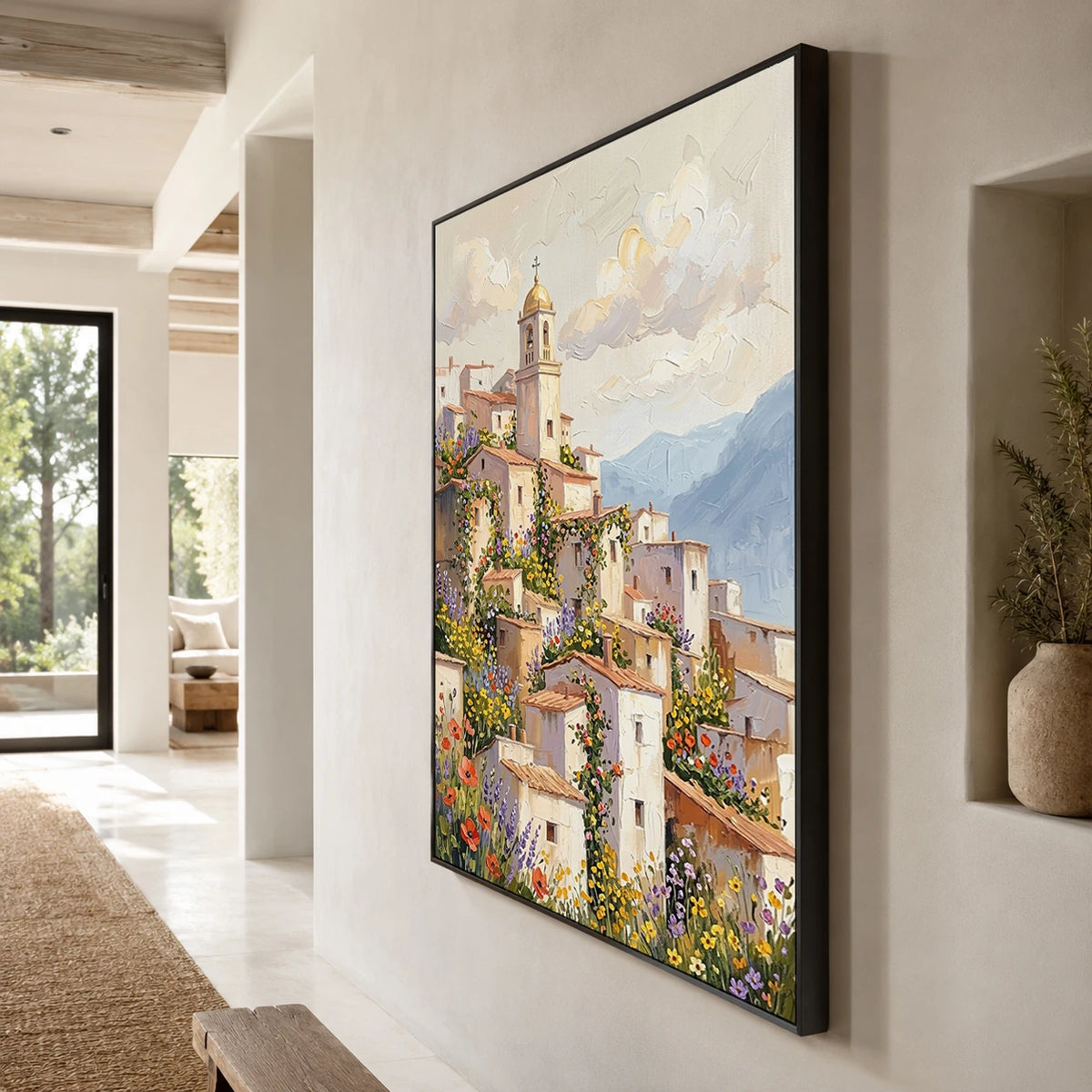 Village in Full Bloom - oblique side view - textured impasto artwork