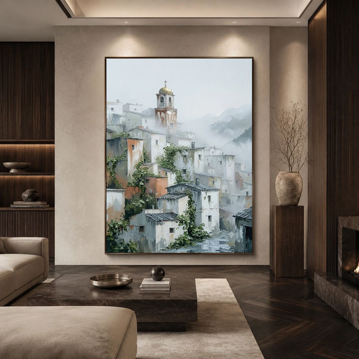 Village Veiled in Mist - living room hero - textured impasto artwork