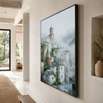 Village Veiled in Mist - oblique side view - textured impasto artwork