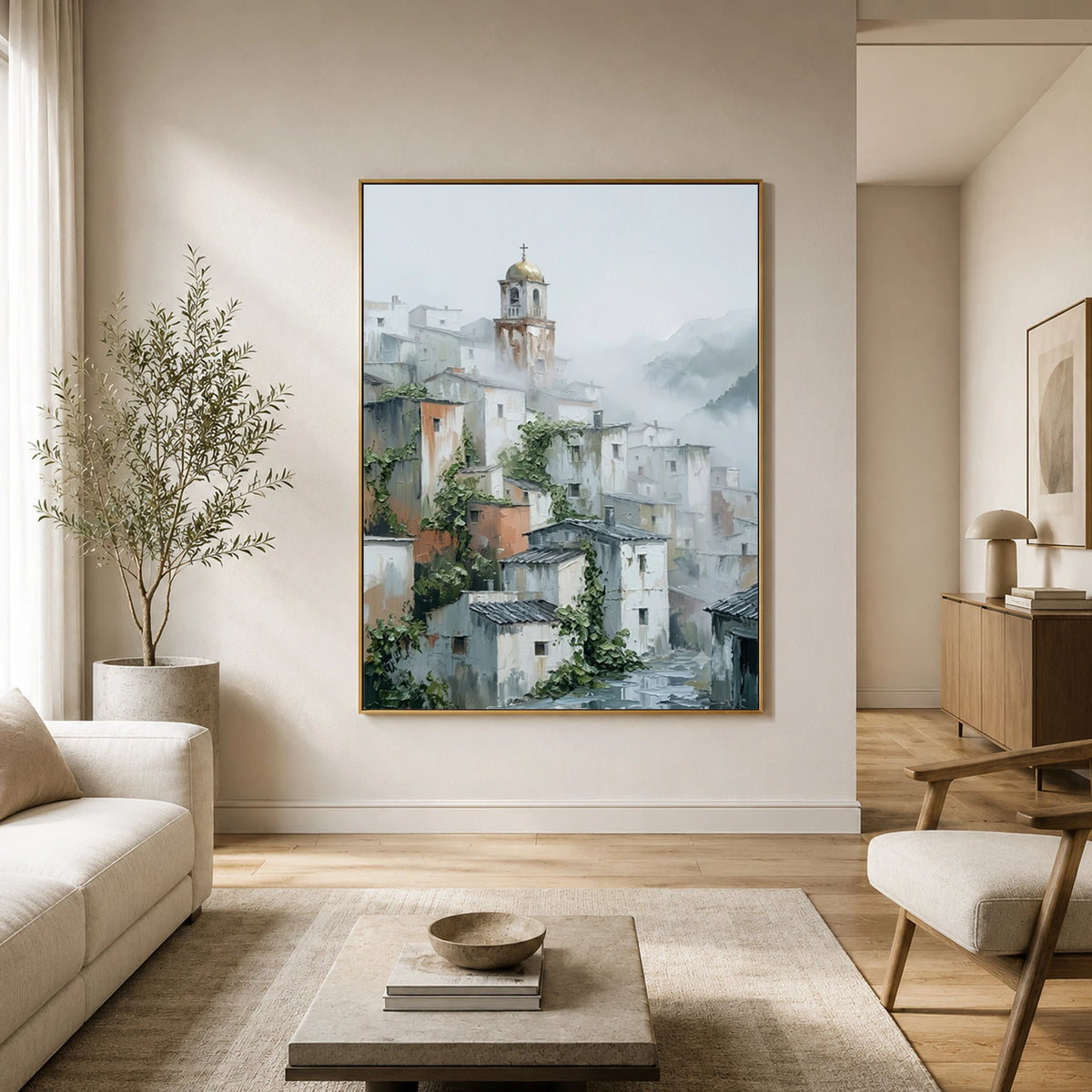 Village Veiled in Mist - sunlit living room - textured impasto artwork