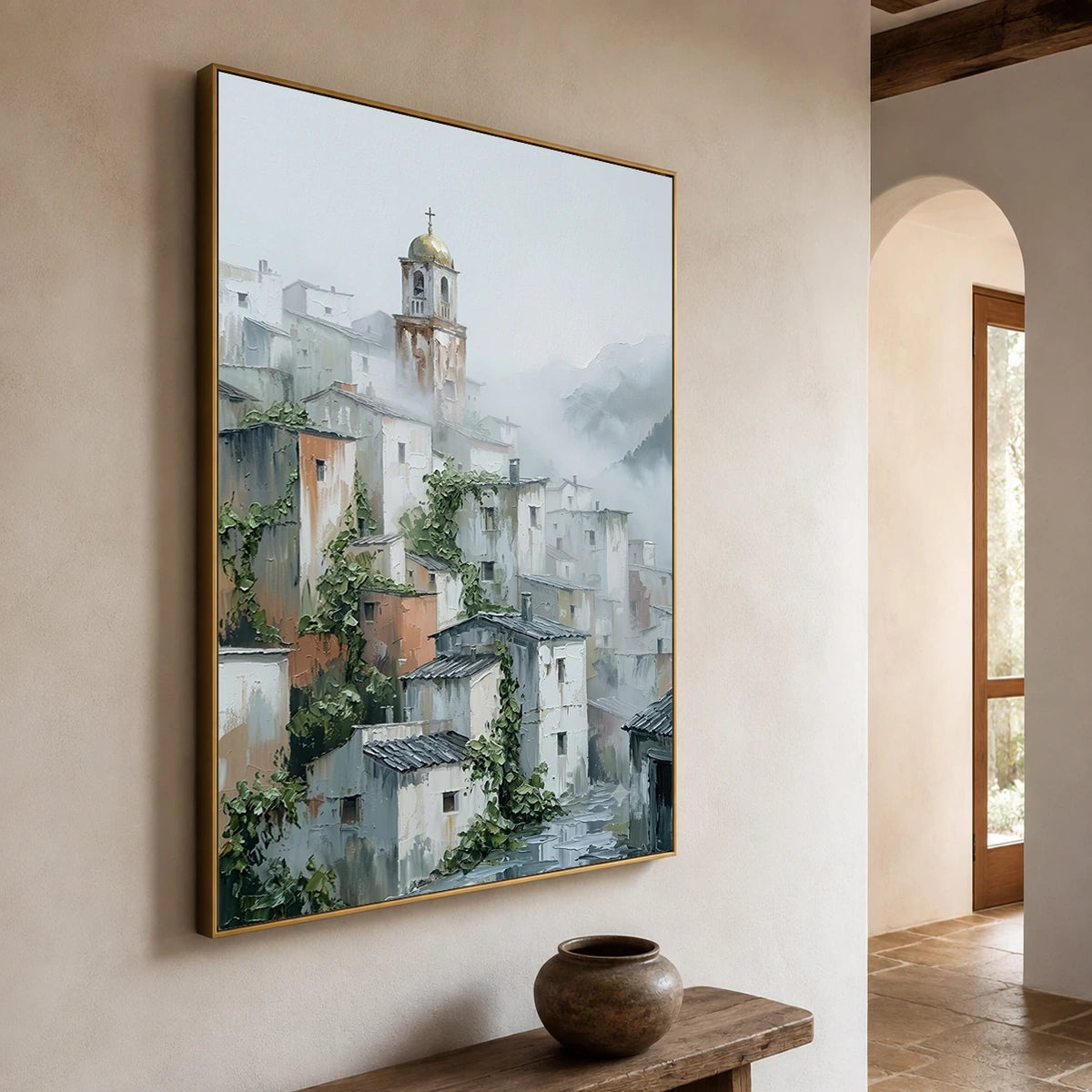 Village Veiled in Mist - opposite side view - textured impasto artwork
